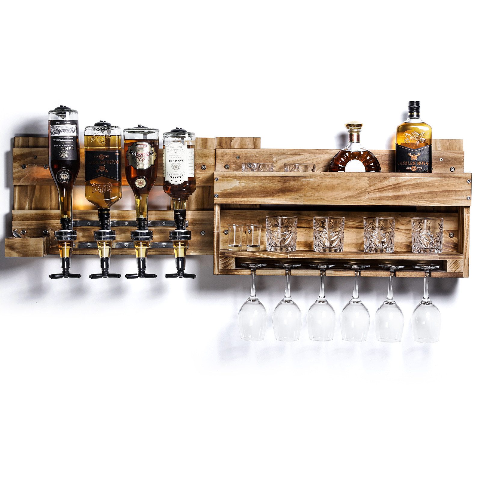 Weinregal Weinregal aus Holz, Wandbar mit 4 Getränkespender Wandmontage
Die linke Seite des Regals ist mit vier Getränkespendern. Diese Wandbar verleiht mit seiner natürlichen Holzfarbe jedem Raum eine einzigartige Atmosphäre.
