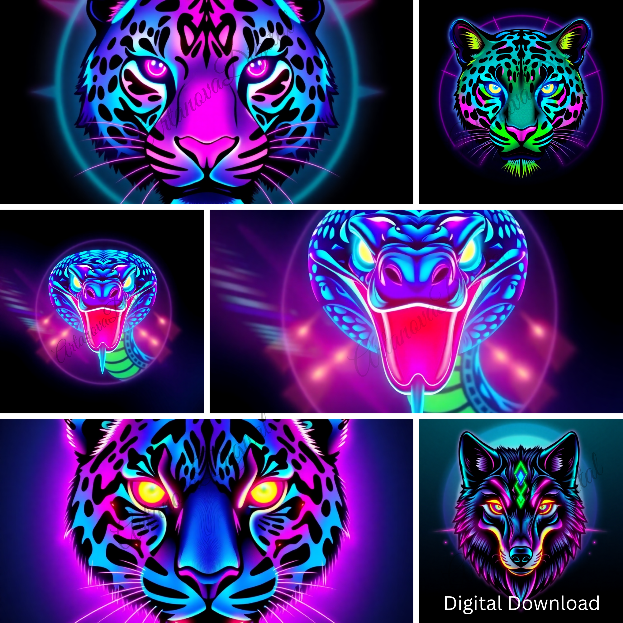 Neon-Tierportraits als Digital Download: Panther, Schlange, Leopard & Wolf in leuchtenden Farben.
Ideal für Drucke, Poster, Wandbilder oder digitale Projekte.
Zip-Datei mit mehreren hochauflösenden PNGs – sofortiger Download, kein physischer Versand