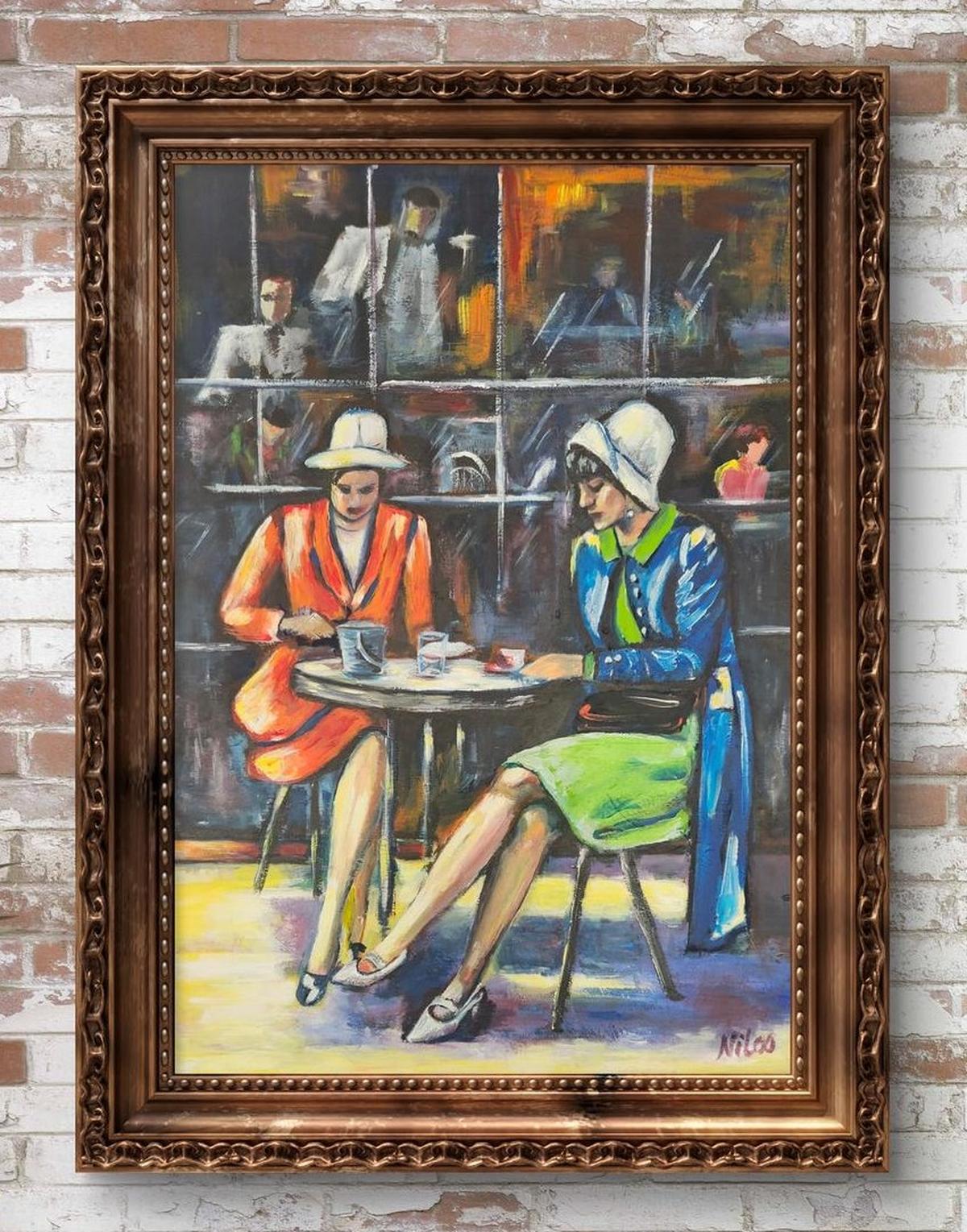 Dieses farbenfrohe, abstrakte Gemälde Acryl 70 x 50 CM zeigt 2 Frauen in einem Café gekleidet in 1920er Stil.
