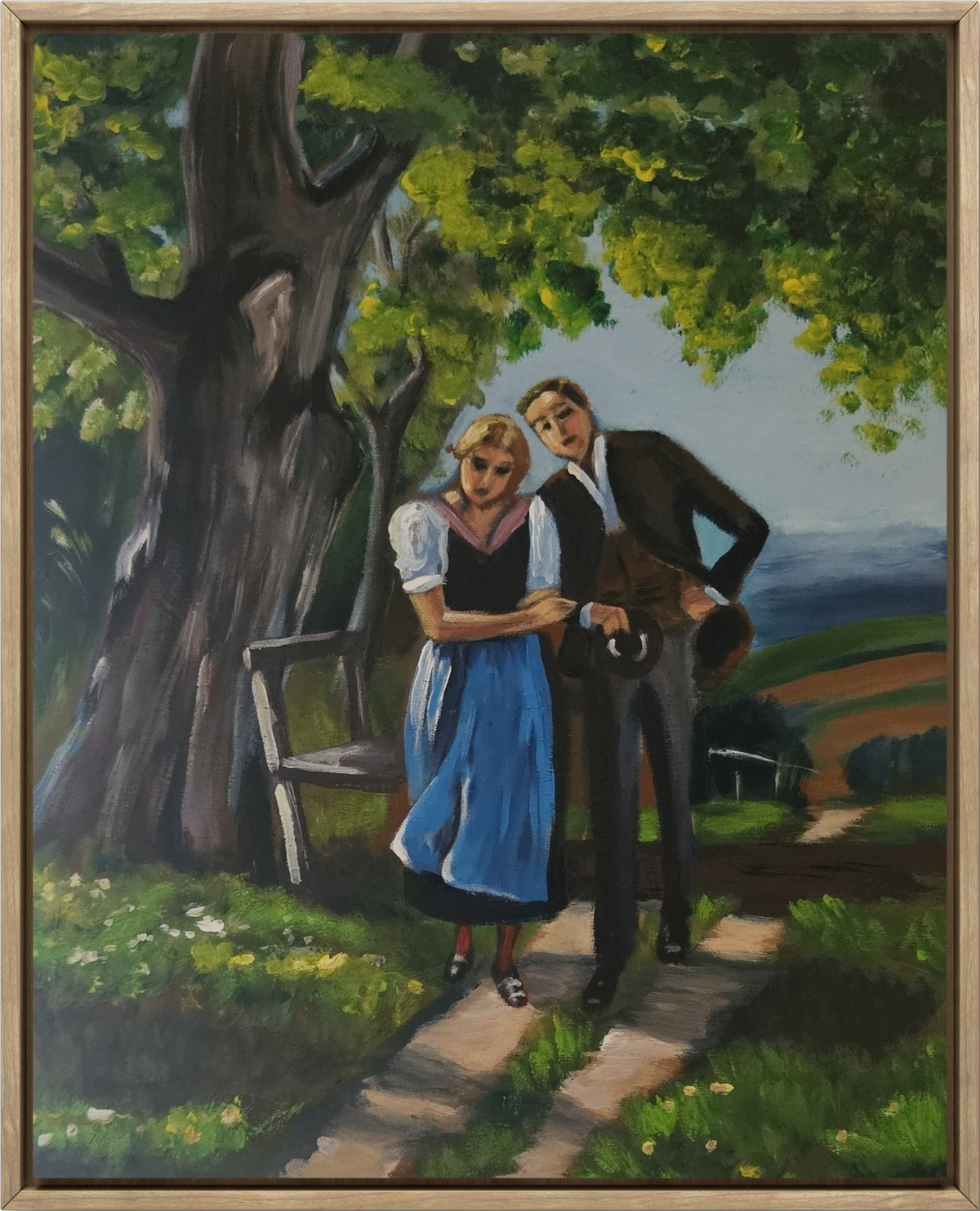 Acrylgemälde, welches ein bayerisches Mädchen und einen Gentleman auf einem idyllischen Landweg darstellt. 40 x 50 cm.
