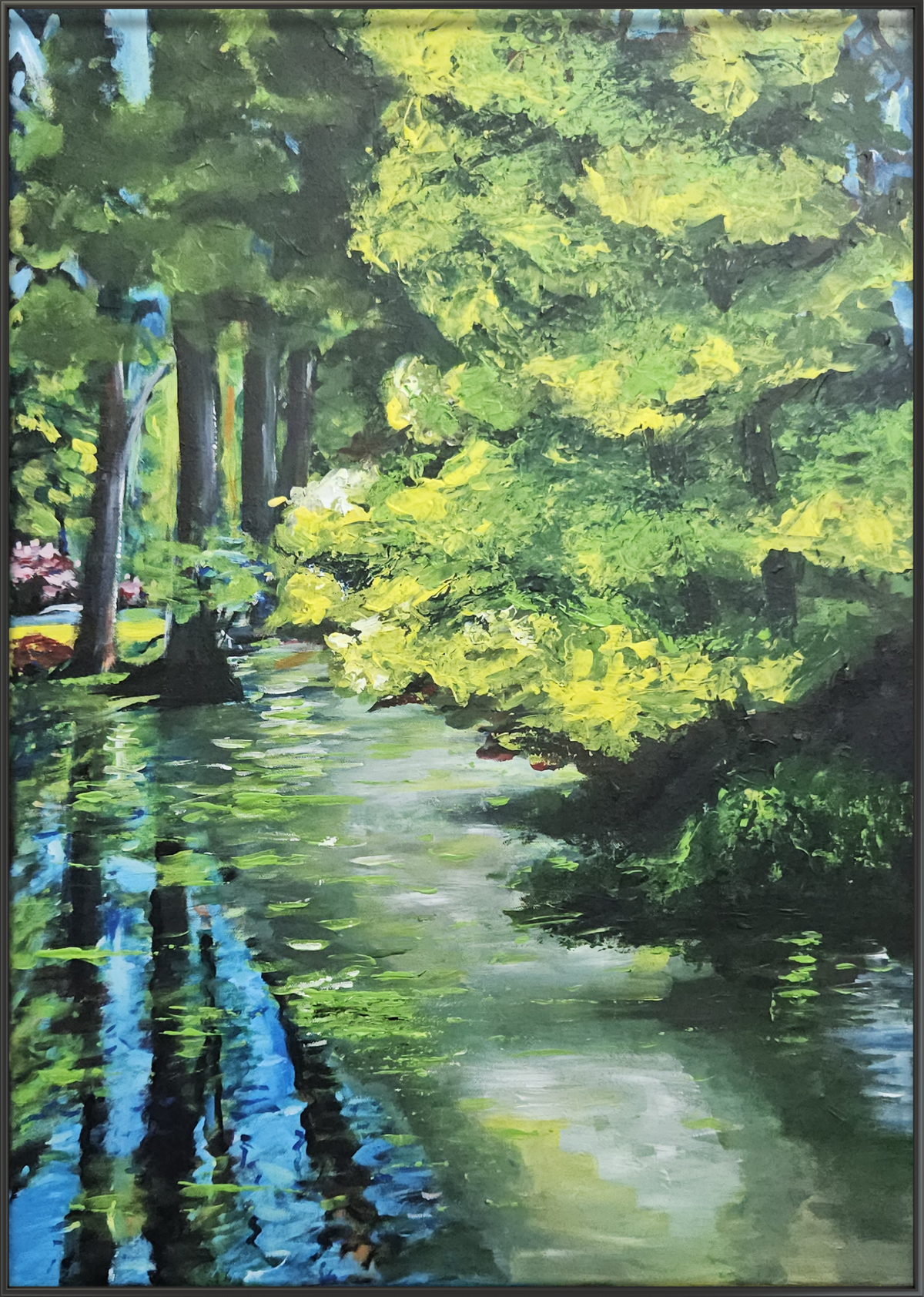 Acrylgemälde realistischer Stil aus dem Englischen Garten, das das Spiel von Licht und Schatten auf Wasser und Bäumen einfängt. 70 x 50 cm.
