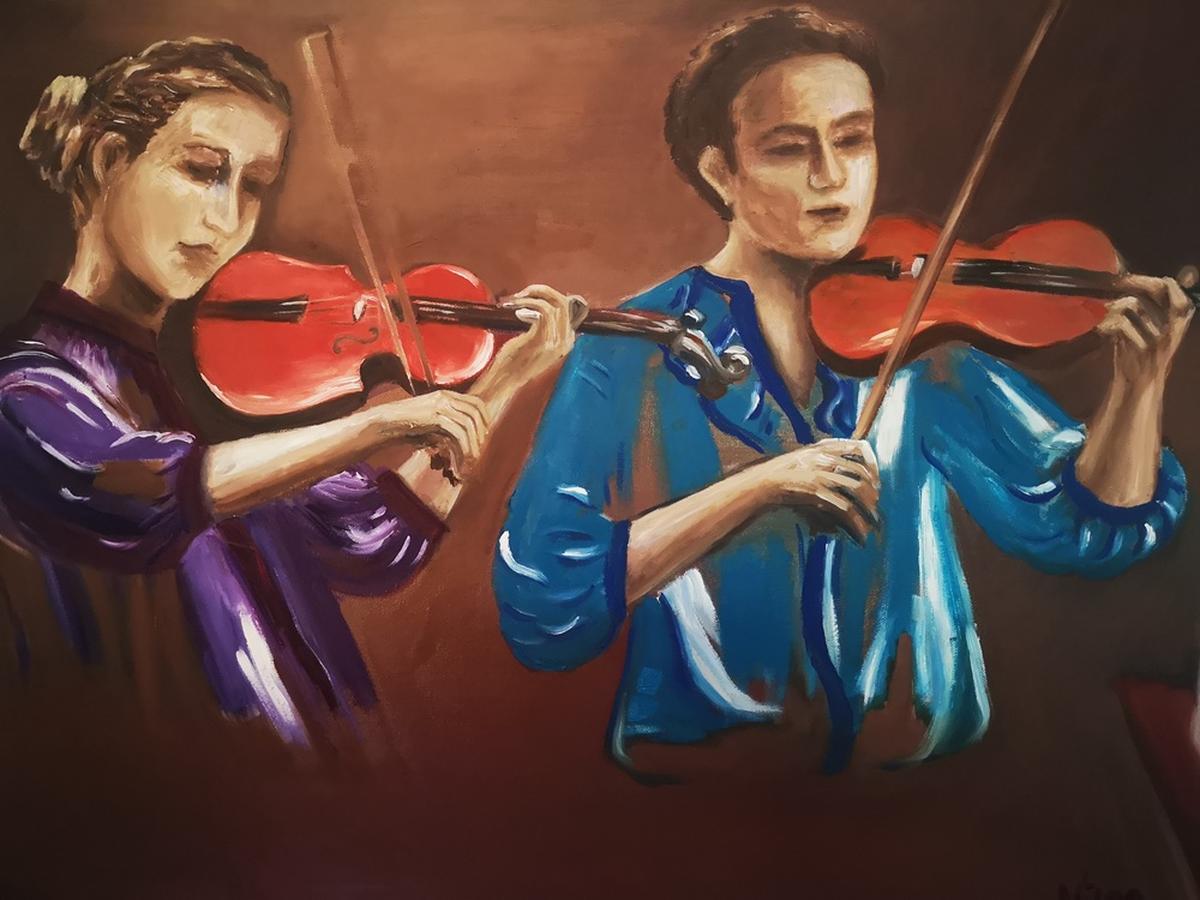 Acrylgemälde 60 x 80 cm, das zwei Violinisten in Aktion darstellt. Die künstlerische dennoch detailierte Darstellung kombiniert musikalische Leidenschaft mit visueller Schönheit
