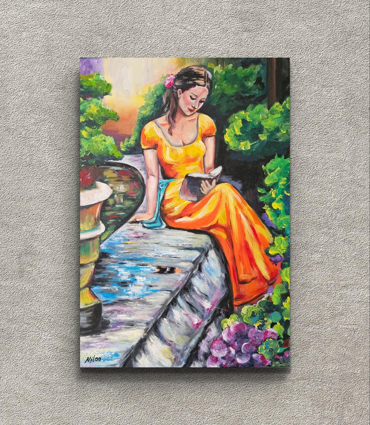 Acrylgemälde 70 x 50 cm zeigt eine lesende Frau in einem orangefarbenen Kleid, die am Teich sitzt. Studie nach Paul Hey.
