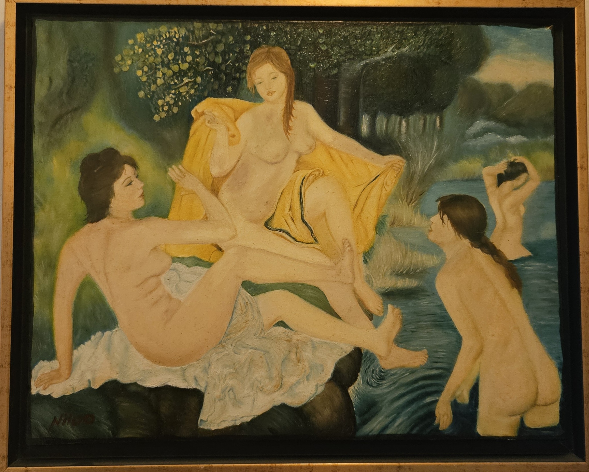 Ölgemälde 40 x 50 cm
Auguste Renoir – insbesondere inspiriert durch das Gemälde Les Baigneuses („Die Badenden“, ca. 1918–1919)
