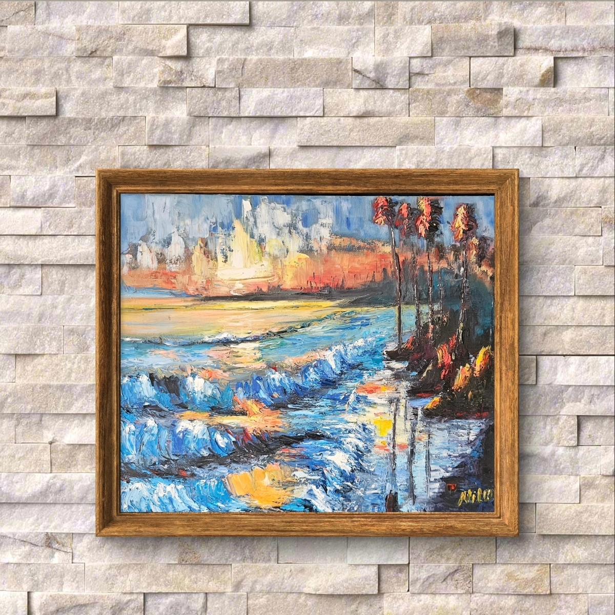 Dieses 50x70 cm große Ölgemälde zeigt einen abstrakten Sonnenuntergang am Meer, der mit der Spachteltechnik erarbeitet wurde.
