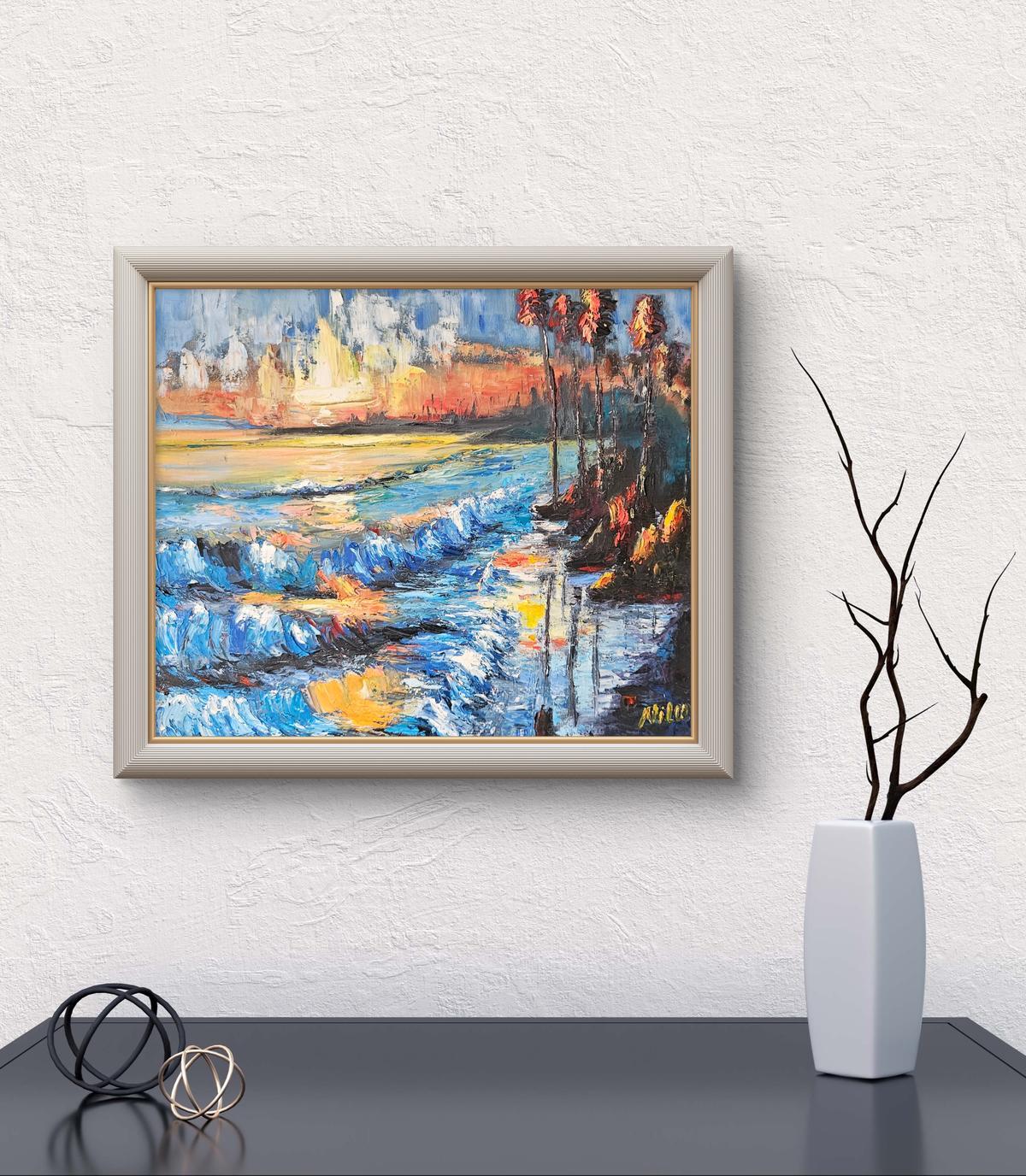 Dieses 50x70 cm große Ölgemälde zeigt einen abstrakten Sonnenuntergang am Meer, der mit der Spachteltechnik erarbeitet wurde.
