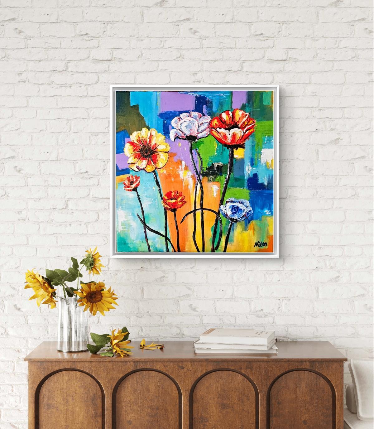 Abstrakte Blumen in Spachtel auf Acrylhintergrund 60 X 60 CM.
