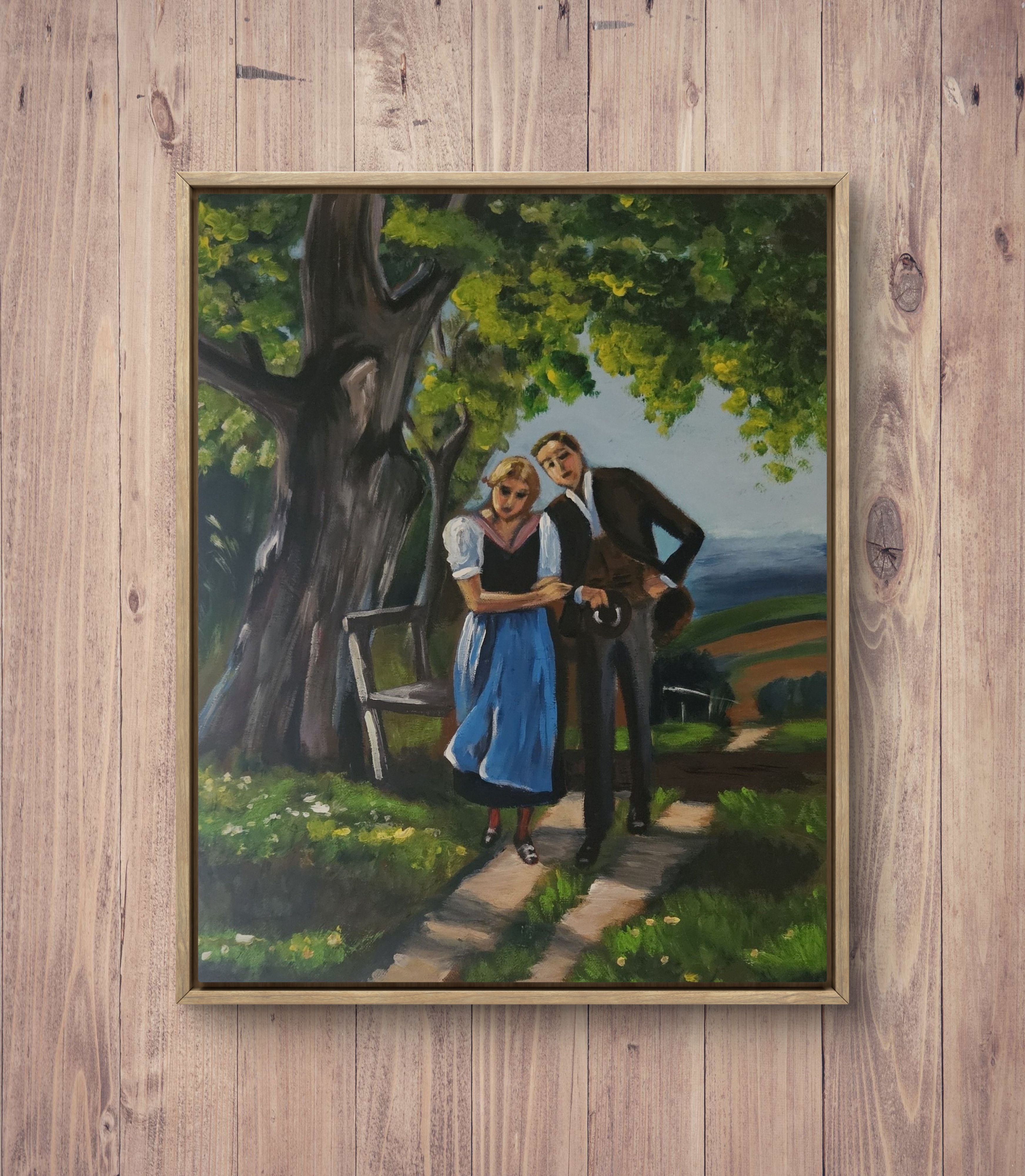 Acrylgemälde, welches ein bayerisches Mädchen und einen Gentleman auf einem idyllischen Landweg darstellt. 40 x 50 cm.
