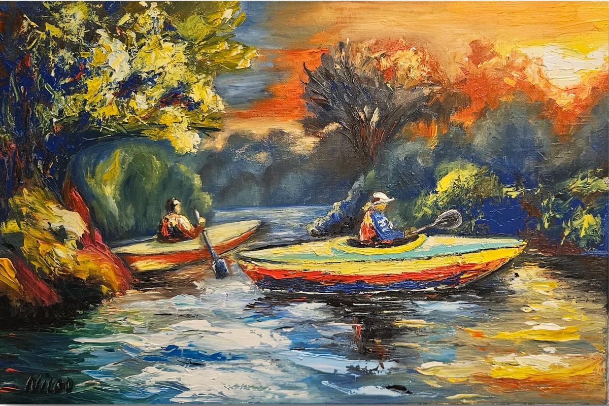 Ölgemälde 40 x 50 cm zeigt zwei Kanufahrer auf einem Fluss in Spachteltechnik.
